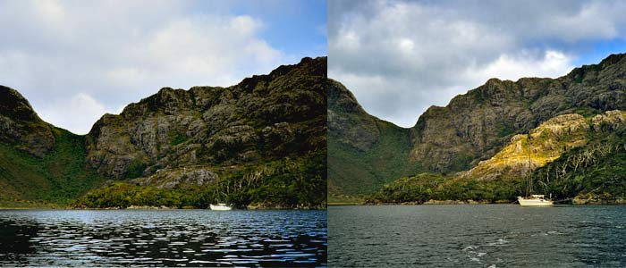 Tamar Island, Strait of Magellan, sunlight and rocky cliff